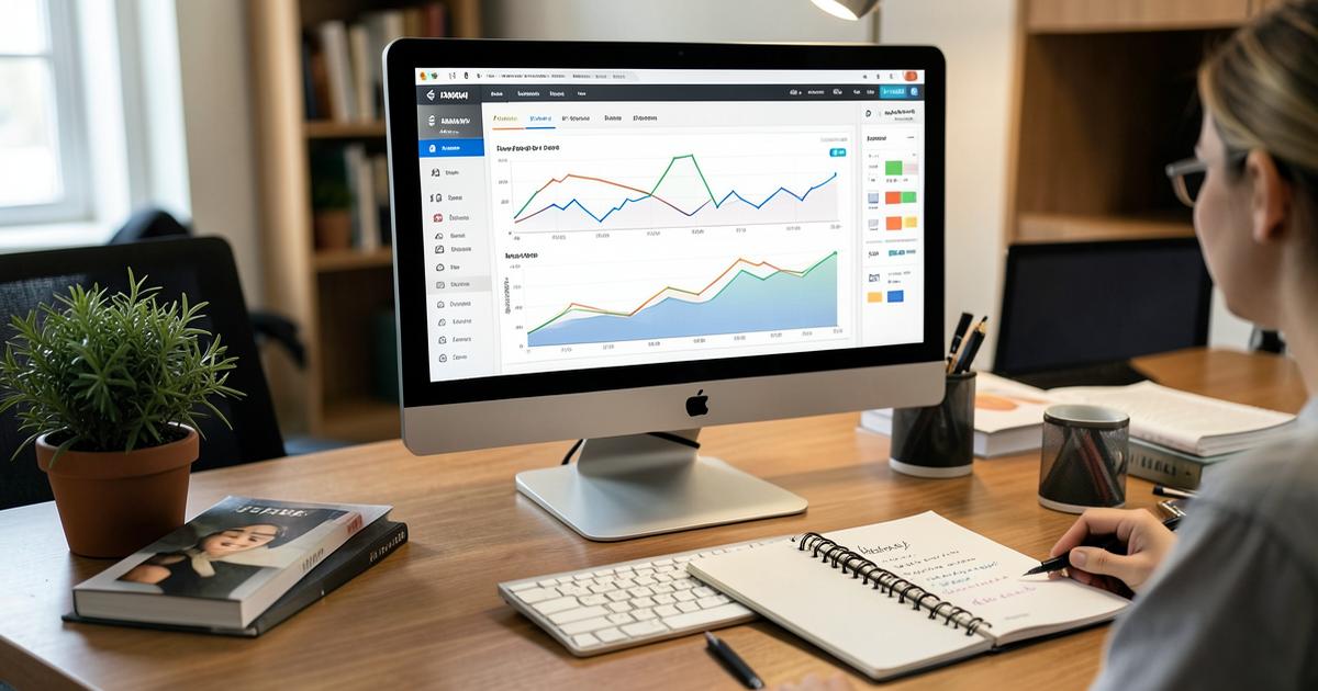 Analytics dashboard with traffic charts on a monitor beside a notebook of keyword notes